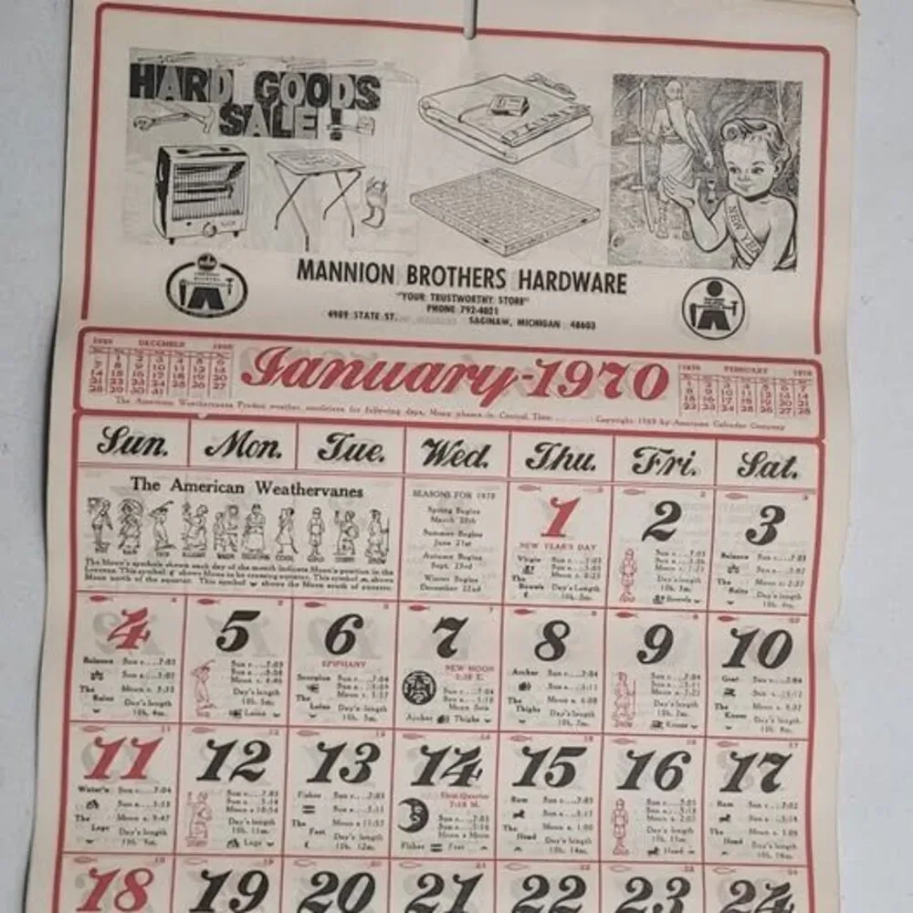 Vintage 1970 Mannion Brothers Hardware Calendar